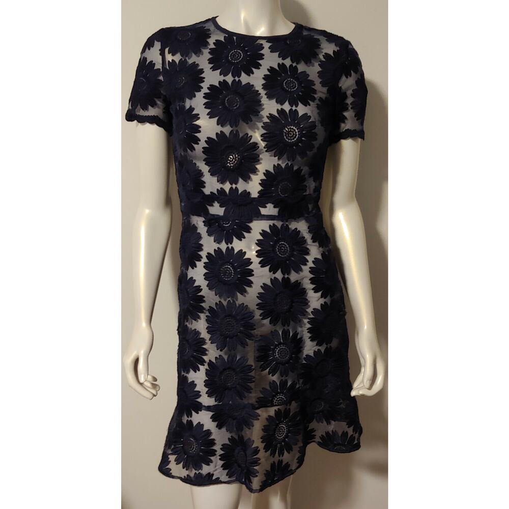Michael Kors Navy Blue Floral Lace Dress 0 SS Sheer Evening Cocktail